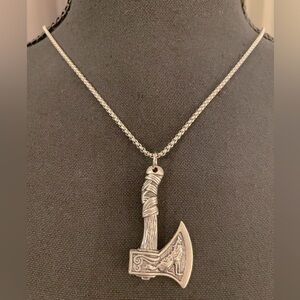 Nordic Viking Axe Necklace with Wolf & Bird